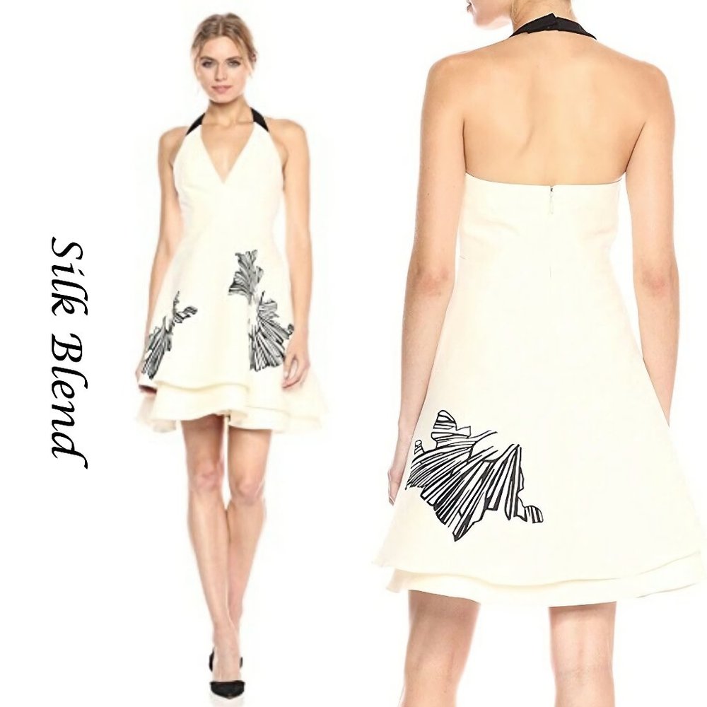 New Halston Heritage layered Skirt Cream Black Cocktail mini Dress, Size 4
